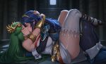  2_girls ai_generated armor ass_grab big_breasts blue_hair closed_eyes fire_emblem fire_emblem_awakening goddess green_hair jewelry kid_icarus kid_icarus_uprising kissing lesbian_couple lucina lucina_(fire_emblem) lying palutena romantic temple thick_thighs yuri 