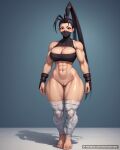  1girl 1girl 1girl abs alternate_muscle_size ankle_wrap antenna_hair arms_at_sides ass_visible_through_thighs bandaged_leg bandages bare_shoulders barefoot biceps big_breasts black_hair black_sports_bra blush bottomless breasts brown_eyes cleavage cleavage_cutout cleft_of_venus clothing clothing_cutout covered_mouth crop_top curvy full_body hair_pulled_back halterneck high_ponytail ibuki_(street_fighter) legs_together long_hair looking_at_viewer mask mouth_mask muscle muscular muscular_female narrow_waist navel ninja ninja_mask no_panties obliques patreon_username ponytail pussy standing stomach thick_thighs thigh_gap thighs toes toned very_long_hair waifuai_studio web_address wide_hips wrist_wrap 