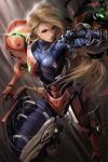  1girl armor big_breasts blonde_hair blue_eyes bodysuit breasts james_ghio large_breasts lips long_hair metroid samus_aran skin_tight varia_suit very_long_hair zero_suit 