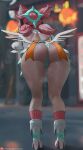 1girl angels_of_delusion aria_(zenless_zone_zero) aria_(zenless_zone_zero)_(human_form) bent_over big_breasts blue_eyes bubble_butt cleavage doggy_position horny inviting_to_sex oroborus pink_hair pose standing teasing thick_thighs zenless_zone_zero