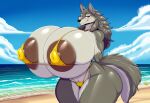 1girl 1girl ai_generated bikini hyper_breasts lyra_(wolf_2012) wolf
