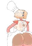 1girl 2026 apron ass ass_focus back_view backboob baker big_ass breast bubble_butt chef_hat colored_sketch cookieware die_of_death gloves hand_on_hip high_res kin_uesa looking_back oven roblox roblox_game robot robot_girl screen_face sideboob sketch smile toque_blanche viewed_from_below