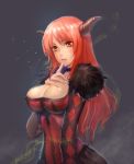 1girl argyle big_breasts breasts choker cleavage finger_to_mouth fur_trim hand_on_own_chest horns lalan_fengchu large_breasts long_hair maou_(maoyuu) maoyuu_maou_yuusha orange_eyes orange_hair solo