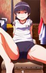 1girl barefoot black_hair blush buruma gokou_ruri gym_storeroom gym_uniform long_hair mole ore_no_imouto_ga_konna_ni_kawaii_wake_ga_nai purple_eyes sitting smile solo spread_legs suzumeko traffic_cone