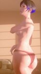 1girl 1girls 3d ass blender covering_breasts forsavide looking_at_viewer namco panties purple_eyes reina_(tekken) short_hair small_breasts tekken tekken_8 topless two-tone_hair