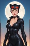 1girl ai_generated animal_ears arms_at_sides batman_(series) big_breasts black_bodysuit black_choker bodysuit breasts brown_hair cat_costume cat_ears catwoman choker cleavage closed_mouth collarbone dark_brown_hair dc_comics female_only female_solo freckles freckles_on_face full_moon goggles goggles_on_head green_eyes jewelry light-skinned_female light_skin looking_at_viewer medium_breasts moon naughty_face neck necklace night night_sky open_bodysuit open_clothes outside red_goggles selina_kyle short_hair skin_tight sky smile standing unzipped unzipped_bodysuit xalphafox xalphafox_(artist) zipper
