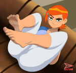  ass_focus ben_10 ben_10_(classic) big_ass blue_sleeves cocked_eyebrow cowboy_shot creative_signature earrings feet_out_of_frame foot_focus from_behind from_side green_eyes gwen_tennyson gwen_tennyson_(classic) hair_clips hand_on_own_leg kacique long_sleeves looking_at_viewer looking_back medium_breasts orange_hair parted_hair raglan_sleeves raised_eyebrow short_hair signature sitting smile thick_thighs tight_clothes white_pants wide_hips 