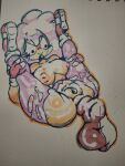 1girl anal anal_penetration anal_sex areola ass boots breasts chocker crispy_(crispychickenmm) disembodied_penis eyelashes fingerless_gloves gloves legs_up nipples pink_hair pussy rokoryt_art scrotum_flap sex skindentation torn_clothes torn_pants traditional_art traditional_drawing_(artwork) traditional_media traditional_media_(artwork) twitter_user_oc