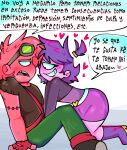 asking_for_sex blush broz_boyz broz_boyz_go clothed_sex cornered heart heart_symbol hearts_around_head horny_female oc ocs original_character original_characters purple red spanish_text text text_bubble violettav_(violett)