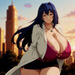  ai_generated bare_thighs blue_hair blush breasts_bigger_than_head brown_eyes gigantic_breasts huge_breasts huge_thighs light-skinned_female light_skin long_hair looking_at_viewer maken-ki! massive_breasts mature_female milf mrsthicc nijou_aki smile solo_female squatting sweat sweatdrop thick_body thick_female thick_thighs thighs voluptuous voluptuous_female 