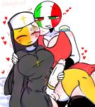  1futa 1girl 1girls big_breasts big_penis bottomless breasts closed_eyes clothed clothing cock_ring countryhumans countryhumans_girl duo embarrassed erection futanari futanari_on_female hand_on_shoulder handjob intersex italy_(countryhumans) kak0yt0_chel leg_over_leg mostly_clothed multicolored_eyes necklace nun nun_outfit on_bed penis san_marino_(countryhumans) sitting stockings thick_thighs vatican_city_(countryhumans) 