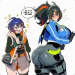  2_girls ai_generated bare_thighs belle_(zenless_zone_zero) big_ass black_hair blue_hair blush fat_ass gigantic_ass gigantic_breasts green_eyes huge_breasts huge_thighs light-skinned_female light_skin lovelyzen massive_ass massive_breasts multicolored_hair ponytail red_eyes short_hair smile squatting sweat sweatdrop thick_body thick_female thick_thighs thighs voluptuous voluptuous_female zenless_zone_zero zhu_yuan 