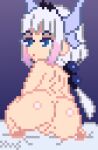 ass_focus blanket blue_eyes chubby chubby_female dragon_girl from_behind hairband hime_cut horns huge_ass kanna_kamui kneel kobayashi-san_chi_no_maidragon long_hair looking_at_viewer looking_back nude nude_female on_bed pixel_art pussy saimx sidelocks twin_tails white_blanket white_hair