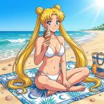 1girl adult_swim alluring bishoujo_senshi_sailor_moon bishoujo_senshi_sailor_moon_r bishoujo_senshi_sailor_moon_r_the_movie bishoujo_senshi_sailor_moon_s bishoujo_senshi_sailor_moon_s_the_movie bishoujo_senshi_sailor_moon_supers bishoujo_senshi_sailor_moon_supers_the_movie blonde_hair blue_eyes cleavage dario holding_ice_cream ice_cream ice_cream_cone medium_breasts on_beach_towel pin_up sunscreen toonami usagi_tsukino viz_media