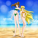  2_girls adult_swim anello81 bare_shoulders bathingsuit beach bikini bishoujo_senshi_sailor_moon bishoujo_senshi_sailor_moon_r bishoujo_senshi_sailor_moon_r_the_movie bishoujo_senshi_sailor_moon_s bishoujo_senshi_sailor_moon_s_the_movie bishoujo_senshi_sailor_moon_supers bishoujo_senshi_sailor_moon_supers_the_movie blonde_hair blue_eyes bow breasts brown_hair cleavage closed_mouth commission day female_focus floral_print full_body green_bikini green_eyes happy high_res long_hair long_legs makoto_kino medium_breasts minako_aino multiple_girls nail_polish ocean orange_bikini outside ponytail sand signature small_breasts smile standing straight_hair strapless strapless_bikini swimsuit toei_animation toonami viz_media 