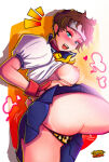  artist_name asian asian_female ass blue_eyes breasts breasts_out brown_hair capcom coypuchan gloves headband heart looking_at_viewer panties sailor_fuku sakura_kasugano street_fighter street_fighter_alpha white_background 