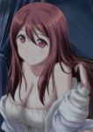 1girl adjusting_hair bare_shoulders blush breasts brown_hair cleavage dark long_hair maou_(maoyuu) maoyuu_maou_yuusha nori_tamago red_eyes red_hair smile solo