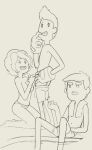 1girl 2boys armored_gloves big_breasts bravest_warriors character_request chris_kirkman drockdraw erect_nipples eyebrows_visible_through_hair gauntlets grabbing_penis kneel lineart looking_at_partner looking_up masturbation metal_gloves monochrome mutual_masturbation nipples open_mouth panties parted_bangs plum short_hair simple_background smile spiked_hair topless underwear upper_teeth_only white_hair