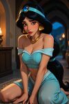 1girl aladdin_(1992_disney_film) aladdin_(series) aqua_pants aqua_shirt arabian_clothes arabian_female arm_support bare_arms bare_shoulders barefoot black_hair breasts brown_eyes cleavage closed_mouth collarbone dark-skinned_female dark_skin disney disney_princess earrings expressionless female_only female_solo gold_earrings gold_jewelry gold_necklace hair_ornament half-closed_eyes harem_outfit harem_pants indoors jewelry lips lipstick long_hair looking_at_viewer makeup medium_breasts midriff navel neck necklace night off-shoulder_shirt off_shoulder on_floor pants princess princess_jasmine red_lipstick shirt sitting sitting_on_floor tied_hair v_arms very_long_hair wariza xalphafox xalphafox_(artist)