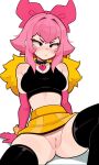 1girl ai-generated ai_assisted ai_generated black_eyes black_legwear brawl_stars breasts cleft_of_venus collar eyebrows female_focus melodie_(brawl_stars) miniskirt no_panties pink_hair pussy ribbon simple_background sitting white_background younger_female