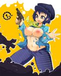 1girl atlus belly big_breasts blue_hair breasts bursting_breasts cabbie_hat grey_eyes groin gun hair hat headgear inverted_nipples large_breasts mound_of_venus navel neck_tie necktie nipples open_mouth pants persona persona_4 plaid puffy_nipples revolver sarashi shirogane_naoto shirt short_hair slime slugbox solo surprised thighs torn_clothes torn_shirt weapon