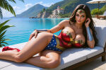  1girl amazon aqua_eyes bangs bare_arms bare_legs bare_shoulders beach big_breasts black_hair blue_leotard bracer breasts building cleavage cloud collarbone day dc_comics diana_prince earrings female_only female_solo gold_earrings gold_jewelry grin hand_up heroine highleg highleg_leotard huge_breasts jewelry justice_league justice_league_unlimited legs leotard light-skinned_female light_skin lips lipstick long_hair looking_at_viewer lying lying_on_side makeup mansion mound_of_venus mountain multicolored_clothes multicolored_leotard naughty_face neck ocean on_side outside parted_bangs parted_lips pink_lipstick plant red_leotard shadow silver_bracer silver_jewelry sky smile star star_(symbol) star_print straight_hair strapless strapless_leotard superhero_costume superheroine themysciran thighs tiara two-tone_leotard water wonder_woman wonder_woman_(series) xalphafox xalphafox_(artist) 