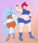  2_girls ahoge artist_signature blue_hair blush blush breasts breasts cabezilla casual_outfit_(metroid) chubby earrings haniu_(cabezilla) metroid red_hair rotomilly samus_aran_(cosplay) short_hair simple_background size_difference thick_thighs thighs twin_tails twitter_user_oc white_body white_skin 