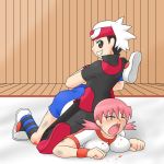  1boy 1girl akane_(pokemon) beaten blood breasts bruise closed_eyes defeated fighting gym_leader hair humiliation injury large_breasts nosebleed pain pink_hair pokemon ruby_(pokemon) screaming shoes sneakers submission tears thighs uujiteki-33 wrestling 