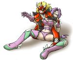  1boy 1girl agunimon armor big_breasts blonde_hair boots breasts cleavage clenched_teeth defeated digimon digimon_frontier fairymon gloves large_breasts navel pain purple_hair restrained tears teeth thighs uujiteki-33 wrestling 