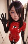  breasts cameltoe erect_nipples_under_clothes gif gif latex_bodysuit latex_gloves latex_thighhighs the_incredibles thighs violet_parr waving_at_viewer 