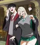  1boy 1girl 2d_(artwork) bare_thighs big_breasts black_eyes black_hair blonde_hair blush draco_malfoy draco_malfoy_(redteneri) earrings embarrassed genderswap genderswap_(mtf) glasses harry_james_potter harry_potter hogwarts_school_uniform huge_breasts huge_thighs inkspirate_art light-skinned_female light-skinned_male light_skin long_hair massive_breasts miniskirt panties stockings thick_body thick_female thick_thighs thighs voluptuous voluptuous_female wand 