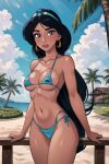  1girl aladdin_(1992_disney_film) aladdin_(series) alternate_costume arabian_female arm_support arms_at_sides bare_arms bare_shoulders beach beach_house bikini black_hair blue_bikini blue_swimsuit blush breasts brown_eyes building cleavage cloud collarbone dark-skinned_female dark_skin day disney disney_princess earrings embarrassed female_only female_solo gold_earrings gold_jewelry hair_ornament house jewelry legs legs_together lips lipstick long_hair looking_at_viewer makeup medium_breasts midriff navel neck ocean outside palm_tree parted_lips princess princess_jasmine red_lipstick sand shy sky standing swimsuit thighs tied_hair tree under_boob very_long_hair water xalphafox xalphafox_(artist) 