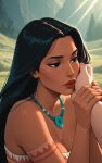  1boy 1girl alternate_costume arm_grab arm_tattoo bangs bare_arms bare_shoulders big_breasts black_eyes black_hair blue_necklace breasts cleavage closed_mouth collarbone couple dark-skinned_female dark_skin day disney dress duo field grabbing grass grass_field half-closed_eyes hand_kiss hands_up hetero interracial interracial_couple jewelry kissing kissing_hand light-skinned_male light_skin lips lipstick long_hair looking_at_another looking_to_the_side love makeup male/female mountain native_american nature neck necklace outside parted_bangs pocahontas pocahontas_(1995_film) pocahontas_(character) pov pov_hands red_dress red_lipstick romantic romantic_couple smile standing straight_hair strapless strapless_dress sunlight tattoo thick_lips tree upper_body wrist_grab xalphafox xalphafox_(artist) 
