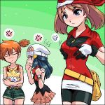 3girls bandanna bike_shorts blue_eyes blue_hair breast_envy brown_hair dawn gloves hair haruka_(pokemon) hikari_(pokemon) kasumi_(pokemon) multiple_girls orange_hair pokemon pokemon_(anime) togepi watch