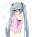 1girl 39 aqua_eyes aqua_hair bespectacled bottomless emily_(pure_dream) female glasses hatsune_miku headphones long_hair miku_hatsune no_pants panties solo striped striped_panties twin_tails twintails underwear very_long_hair vocaloid yamaha