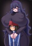  1boy 1girl 1girls absurd_res alternate_body_type alternate_breast_size big_breasts boob_hat breasts breasts_bigger_than_head breasts_on_head calem_(pokemon) creatures_(company) drunkavocado game_freak height_difference hex_maniac hex_maniac_(pokemon_xy) huge_breasts huge_nipples hyper hyper_breasts lipstick long_hair male nintendo pokemon pokemon_(game) pokemon_xy purple_hair taller_female thick 