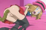 1girl 2026 aged_up anus_focus ass ass_focus bed bed_sheets bedroom bedroom_setting bottomless butt butt_focus cartoon cartoony cute defecation kneeling kneeling_female laying_down laying_on_bed on_bed parody pokemon pokemon_(anime) pokemon_(game) pokemon_x_&amp;_y pokemon_xy poop pooping scared scat serena_(pokemon) shocked solo solo_focus vagina