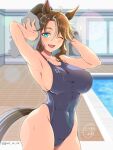  1girl 1girl animal_ears big_breasts blue_eyes blue_one-piece_swimsuit breasts brown_hair commentary_request competition_swimsuit covered_navel drying drying_hair drying_own_hair ghost_rea hair_between_eyes highleg highleg_one-piece_swimsuit holding holding_towel horse_ears horse_girl horse_tail indoors long_hair looking_at_viewer mejiro_palmer_(umamusume) multicolored_hair omega_symbol one-piece_swimsuit one_eye_closed ponytail pool smile standing streaked_hair swimsuit tail towel two-tone_swimsuit umamusume white_hair 