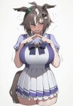  1girl ai_generated animal_ears big_breasts big_breasts blush breasts clothed clothed_female collarbone horse_ears horse_girl horse_tail huge_breasts light-skinned_female light_skin looking_at_viewer looking_away nervous_face nervous_sweat rulership_(umamusume) school_uniform schoolgirl shy sukit96926 sweat sweatdrop sweating tail thick_thighs thighs tracen_school_uniform umamusume umamusume_pretty_derby white_background 