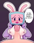 1girl 2025 4:5 absurd_res anthro big_penis blush blush_lines breasts breasts_out_of_clothes bunny_ears clothing dialogue english_text female_focus for_a_head high_res jacket lagomorph leotard looking_at_viewer melanie_(regretevator) nipples open_mouth paizuri penis penis_between_breasts regretevator ricykun roblox roblox_game screen_face text tv tv_head