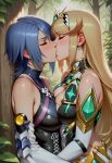  2_girls against_tree aqua_(kingdom_hearts) bare_shoulders blonde_female blonde_hair blue_hair blush bopitphy breast_press breasts cleavage cleavage_cutout closed_eyes clothing_cutout collarbone couple crossover day duo female/female female_only forest hugging kingdom_hearts kissing light-skinned_female light_skin lips lipstick long_hair love makeup medium_breasts multiple_girls mutual_yuri mythra_(xenoblade) nature neck nintendo outside pink_lipstick revealing_clothes romantic romantic_couple short_hair sleeveless sleeveless_turtleneck square_enix straight_hair symmetrical_docking tree turtleneck xenoblade_(series) xenoblade_chronicles_2 yuri 