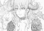 1girl alcoholrang choker dated feathers flower graphite_(medium) horns long_hair maou_(maoyuu) maoyuu_maou_yuusha monochrome solo traditional_media