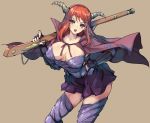 1girl akaga_hirotaka antique_firearm armor big_breasts breasts brown_background cape fingerless_gloves firelock gauntlets gloves greaves gun hand_on_hip horns large_breasts long_hair looking_at_viewer maou_(maoyuu) maoyuu_maou_yuusha matchlock musket oda_nobunaga open_mouth red_eyes red_hair sengoku_taisen simple_background skirt solo weapon