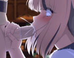 1boy 1girl black_hair blonde_hair blush clothed clothed_blowjob cow_girl cum_in_mouth drooling farmtasia:_dream_life_in_another_world fellatio hand_on_penis handjob handjob_while_sucking indoors millime_(farmtasia:_dream_life_in_another_world) oral oral_sex penis_in_mouth saliva_on_penis streaked_hair tears testicle unknown_artist wide_eyed