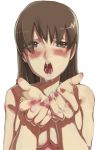 1girl bad_id big_breasts blush breasts brown_eyes brown_hair cum cum_in_mouth cupping_hands fingernails hands large_breasts nail nail_polish nails nude open_mouth original red_nails sasagawa_satarou solo