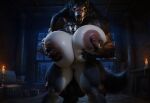 1girl ai_generated breast_grab duo hyper_breasts male werewolf