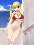 1girl alluring big_boobs big_breasts bikini bikini_top bikini_top_only blonde_female blonde_hair blue_scrunchie blue_sky blush bottomless bottomless_female breasts brown_eyes cleavage clouds curvy curvy_body curvy_figure fairy_tail female floral_print_bikini gaston18 half-dressed half_naked half_nude happy long_blonde_hair long_hair looking_at_viewer lucy_heartfilia naked_from_the_waist_down navel no_bikini_bottom open_smile perfect_body pussy railing red_bikini side_ponytail smile swimsuit thick_thighs uncensored voluptuous_body voluptuous_female water white_bow white_ribbon wide_hips