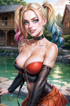 1girl alternate_costume arms_at_sides asymmetrical_hair_ornament bangs bare_shoulders batman_(series) big_breasts black_choker black_detached_sleeves blonde_female blonde_hair blue_eyes blue_hair breasts building bush bushes choker cleavage clown_girl collarbone corset dc_comics detached_sleeves drill_hair earrings female_only female_solo grin hair_ornament harleen_quinzel harley_quinn house jewelry light-skinned_female light_blue_hair light_skin lips lipstick long_hair looking_at_viewer makeup miniskirt multicolored_clothes multicolored_corset multicolored_hair naughty_face neck necklace outside parted_bangs parted_lips pink_hair plant pleated_skirt pool red_lipstick red_skirt skirt smile strapless stud_earrings supervillainess three-tone_hair tied_hair tree twin_tails two-tone_corset villainess water xalphafox xalphafox_(artist)