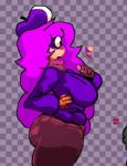 1girl 2d_(artwork) ass_bigger_than_head bandaid bandaid_on_nose big_ass big_breasts boots breasts breasts_bigger_than_head clothed clothed_female clothing coat crispy_(crispychickenmm) eyelashes fat_ass female_focus female_only fingerless_gloves hat huge_ass huge_breasts oc one_glove purple_hair qmydraws scarf sideboob simple_background thick_ass thick_hips thick_legs thick_thighs twitter_user_oc