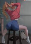  1girl big_breasts bubble_butt chainsaw_man cleavage horny inviting_to_sex orange_eyes orange_hair oroborus pose power power_(chainsaw_man) sitting spread_legs teasing thick_thighs 